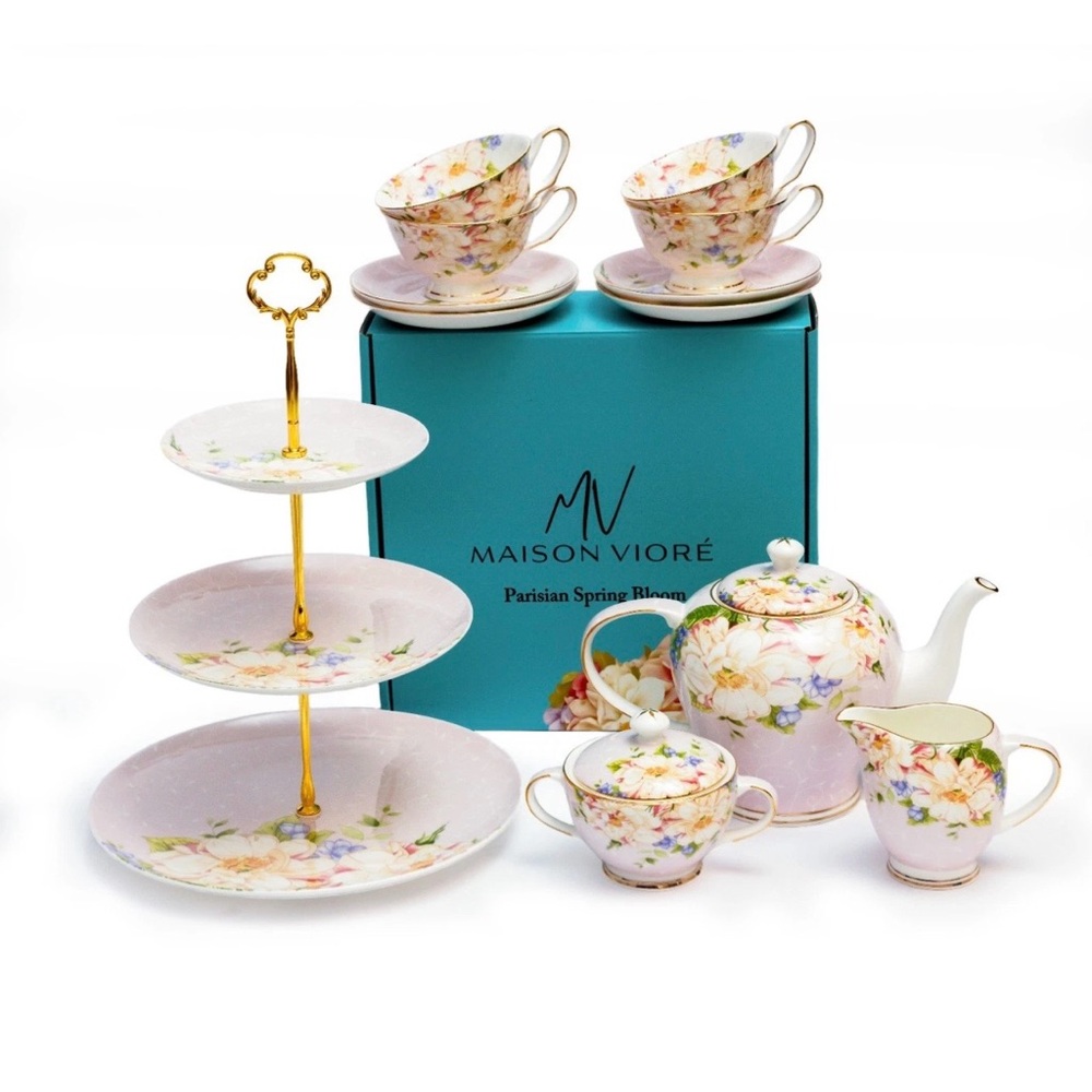 Maison Vioré Parisian Spring Bloom 12 Piece Floral Tea Set in Pastel Pink